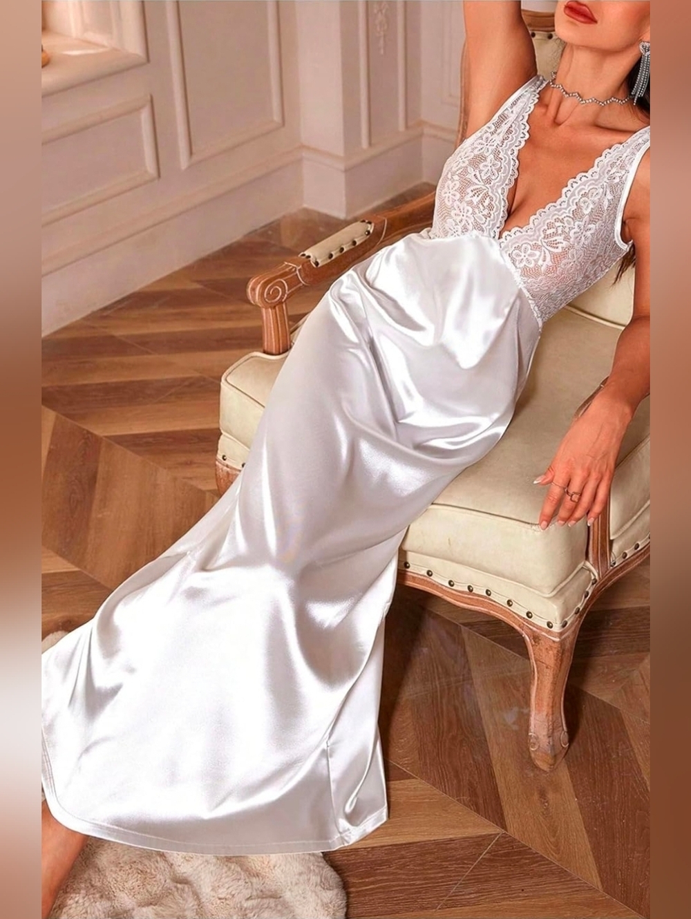 Lace Backless Sexy Long Satin Sleepwear Deep V Neck Sleeveless Nightgown Bride - Picture 9 of 11